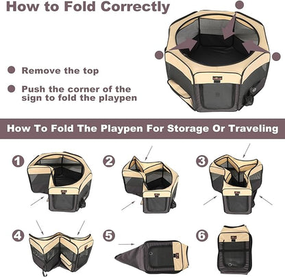 Dog Playpen, Cat Playpen - Foldable Pet Playpen with Carrying Case, Portable Pet Tent for Indoor/Outdoor Use | Water Resistant | Removable Shade Cover - (Brown, Small)