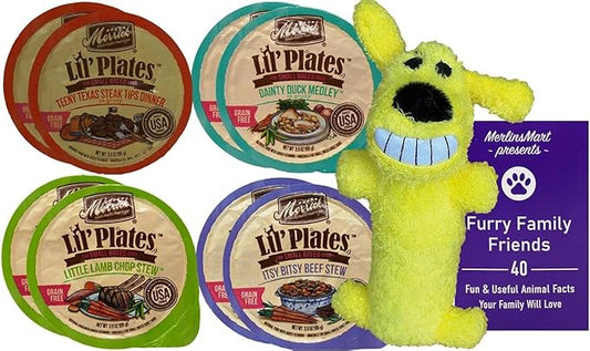 Merrick Lil' Plates Grain Free Small Breed Dog Food 4 Flavor 8 Can Variety (2) each: Texas Steak, Dainty Duck, Beef Stew, Lamb Chop Stew (3.5 Ounces) - Plus Squeak Toy and Fun Facts Booklet Bundle