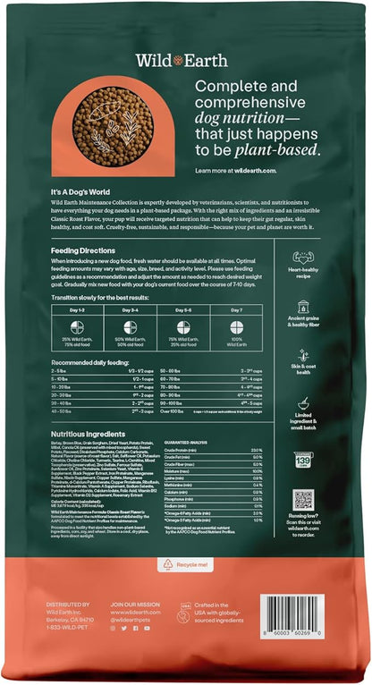 Wild Earth Vegan Dry Dog Food | Plant-Based Maintenance Formula | Vegetarian, Allergy Relief, Veterinarian-Developed for Complete Nutrition | Classic Roast Flavor, 28 Pound Bag