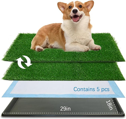 Dog Grass pad with Tray,29”x 18” Indoor Dog Potty with 2 Packs Replacement Artificial Fake Grass-5 Packs Disposable Puppy Pads,for Puppy Training Apartment,Apartment Use