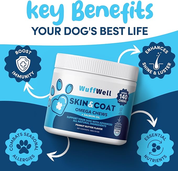 Omega 3 for Dogs with Salmon Oil 140ct - Dog Skin and Coat Supplement - Allergy and Itch Relief - Fish Oil for Dogs Chews - Dog Anti Shedding Supplement - Dry Skin Treatment - Made in USA