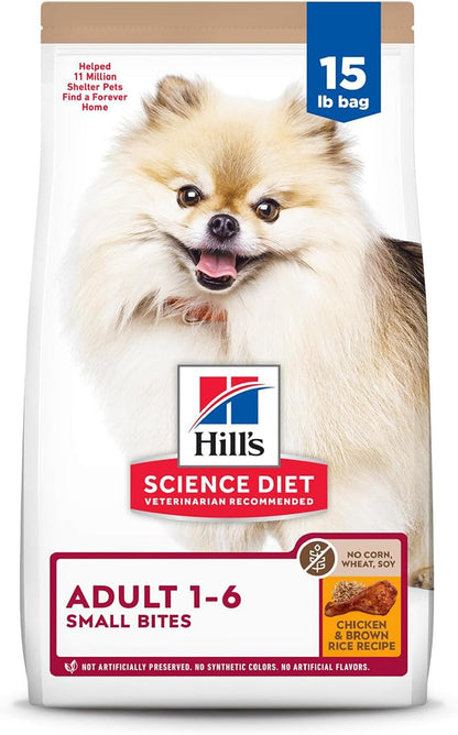 Hill's Science Diet Adult 1-6, Adult 1-6 Premium Nutrition, Small Kibble, Dry Dog Food, No Corn, Wheat, Soy Chicken & Brown Rice, 15 lb Bag