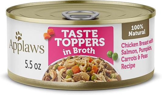 Applaws Taste Toppers, Natural Dog Food Topper, 12 Count, Limited Ingredient, Grain Free, Meal Topper for Dogs, Chicken Breast, Salmon, with Vegetables in Broth, 5.5oz Dog Food Cans