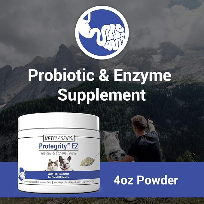 Vet Classics Protegrity EZ Probiotic Health Supplements for Dogs, Cats – Dog Digestive Support, Pet Gastrointestinal Health, Cat Stomach, Intestinal Balance – Pet Enzymes – 4 Oz. Powder