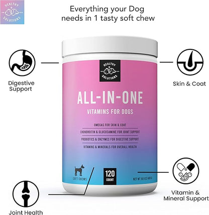 All-in-One Dog Vitamins & Supplements - Dog Multivitamin Supplement for Joint Support, Digestion, Skin, & Coat - Plus Omega-3, 6, 9 - Ultimate Daily Vitamin for Dogs - Made in USA, 120 Soft Chews