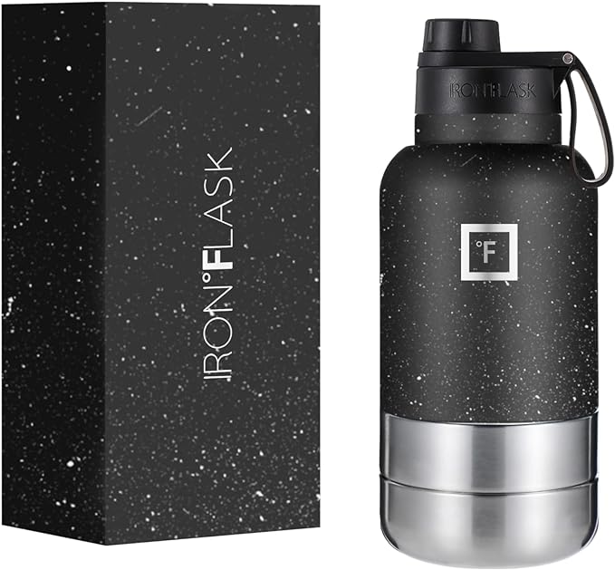 IRON °FLASK Portable Dog Water Bottle & Bowl - All-in-One Travel Accessories Pet Food & Liquids for Car, Hiking, Camping - Leak-Proof, Double Walled, Insulated - 32 oz, 2 Dog Bowls - Black Speckle