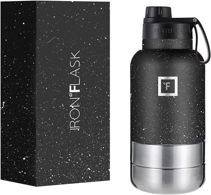 IRON °FLASK Portable Dog Water Bottle & Bowl - All-in-One Travel Accessories Pet Food & Liquids for Car, Hiking, Camping - Leak-Proof, Double Walled, Insulated - 32 oz, 2 Dog Bowls - Black Speckle