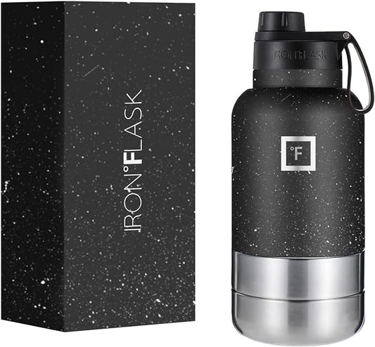 IRON °FLASK Portable Dog Water Bottle & Bowl - All-in-One Travel Accessories Pet Food & Liquids for Car, Hiking, Camping - Leak-Proof, Double Walled, Insulated - 32 oz, 2 Dog Bowls - Black Speckle