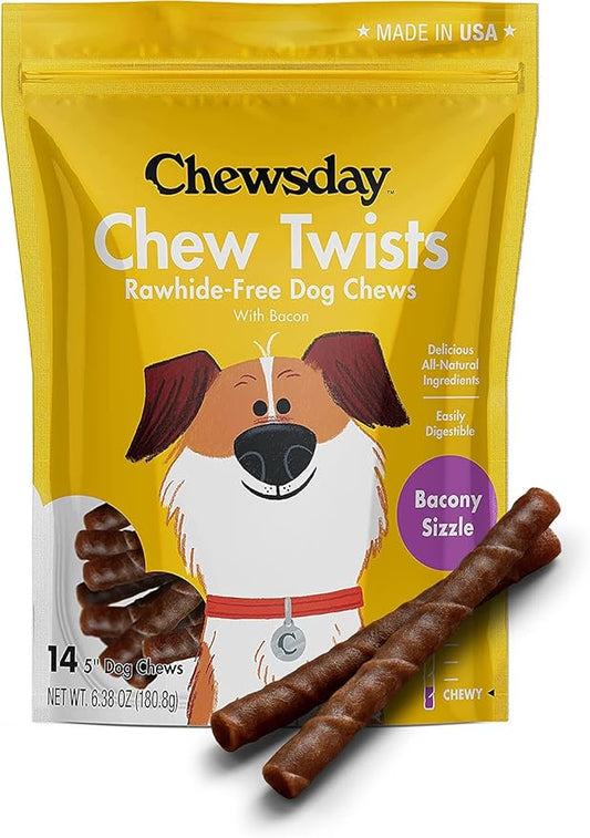 5-Inch Chewy Dog Chew Twists, Made in The USA, All Natural Rawhide-Free Highly-Digestible Treats, Bacony Sizzle - 14 Count