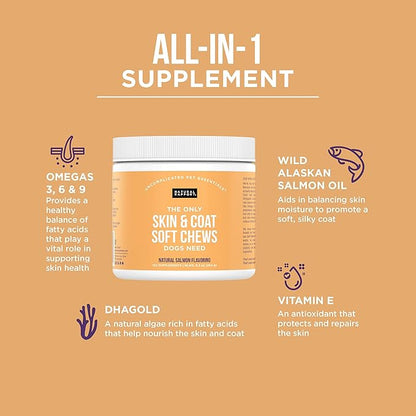 Natural Rapport Dog Skin and Coat Supplement - The Only Skin and Coat Soft Chews Dogs Need - 120ct Treats That Contain Salmon Oil and Omegas 3, 6, & 9 for a Healthy Coat