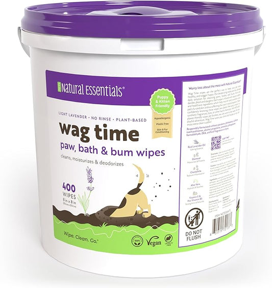Wag Time Dog Wipes for Paws and Butt - 400 ct Thick Plant-Based Cleaning and Deodorizing Cloth, Lavender with Chamomile, Aloe Vera, Vitamin E, B5, Oatmeal (Pack of 1)