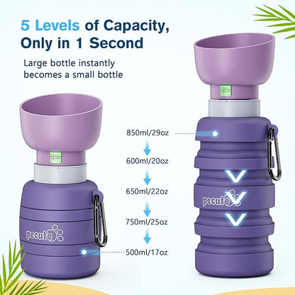 Pecute Dog Water Bottle Portable, 29oz Dog Foldable Water Bottle with Folding Bowl, Carabiner Clip, 5 Levels Capacity, 100% Food Grade Silicone, Dog Water Bottle for Outdoor Walking, Hiking, Travel