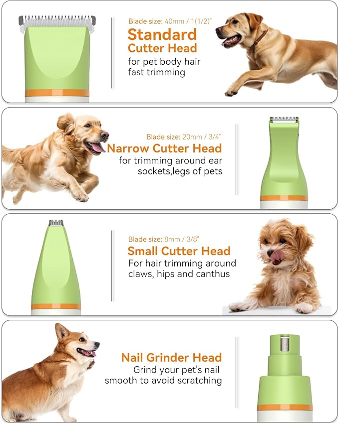 Dog Grooming Clippers Kit, All-in-One Low Noise Slient Electric Clippers Rechargeable Cordless Waterproof Small Paw Trimmer Nail Grinder Quiet Pet Shaver for Dogs Cats at Home