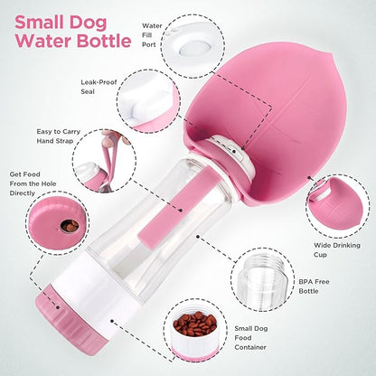 Dog Water Bottle, Pet Water Bottle with Food Container and Drinking Feeder, Leak Proof, BPA-Free, Portable Foldable Puppy Water cup Dispenser for Outdoor Walking, Travel, Hiking Small Pink