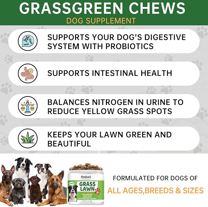 Grass Burn Spot Chews for Dogs - Dog Pee Lawn Spot Saver Caused by Dog Urine - Grass Treatment Rocks - DL-Methionine + Cranberry + Digestive Enzymes - Dog Urine Neutralizer for Lawn - 180 Soft Treats