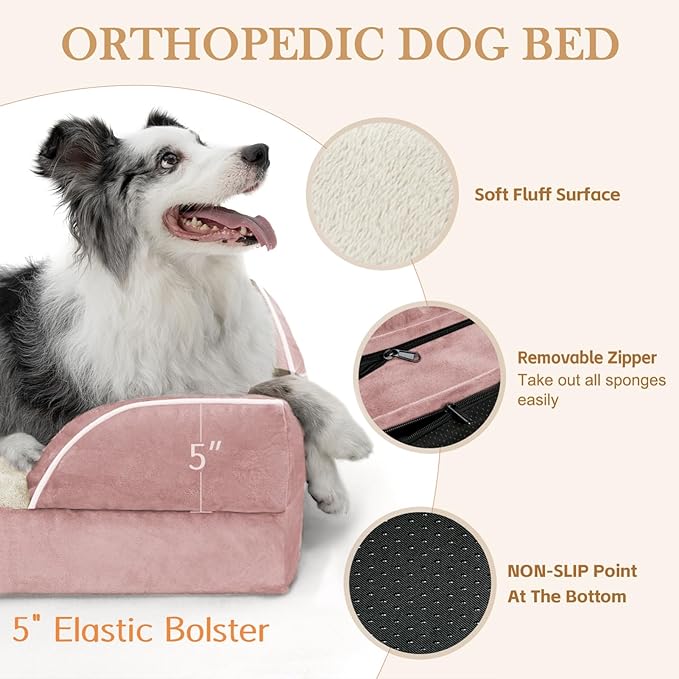 Waterproof Orthopedic Foam Dog Beds XL Dog Bed, Extra Large Dogs with Bolster, Washable Dog Bed Sofa Pet Bed with Removable Cover & Non-Slip Bottom(X-large,Pink)