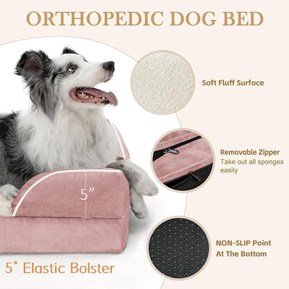 Waterproof Orthopedic Foam Dog Beds XL Dog Bed, Extra Large Dogs with Bolster, Washable Dog Bed Sofa Pet Bed with Removable Cover & Non-Slip Bottom(X-large,Pink)