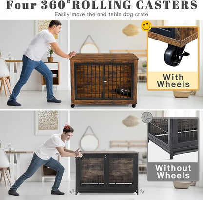 39 Inch Large Wooden Dog Crate Furniture with 180° Rotatable Bowl, Brown Multi-Functional Dog Crate End Table with Wheels, Furniture Dog Crate for Large Dogs with Flip-up Top Opening