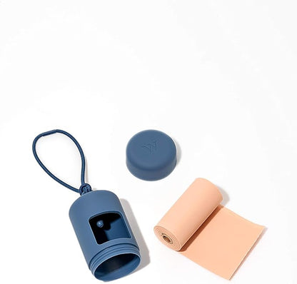 Wild One Dog Poop Bag Holder and Dispenser with Leash Attachment, Leak Proof, Easy Twist Top for Refills, Includes 1 Box Poop Bags, Navy