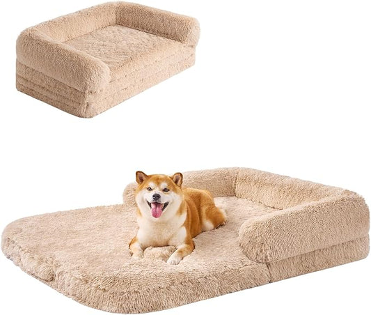 EHEYCIGA Foldable XXL Dog Bed, Faux Fur Fluffy Dog Bed for Extra Large Dogs, Orthopedic Calming Memory Foam Big Dog Couch Bed, Washable Soft Warm Dog Sofa Bed with Non-Slip Bottom, Camel, 54"x38"x8.5"