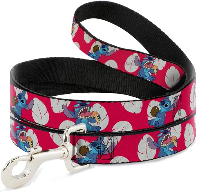 Dog Leash Lilo Stitch 2 Eating Poses Lilo Dress Leaves Red Ivory 4 Feet Long 0.5 Inch Wide