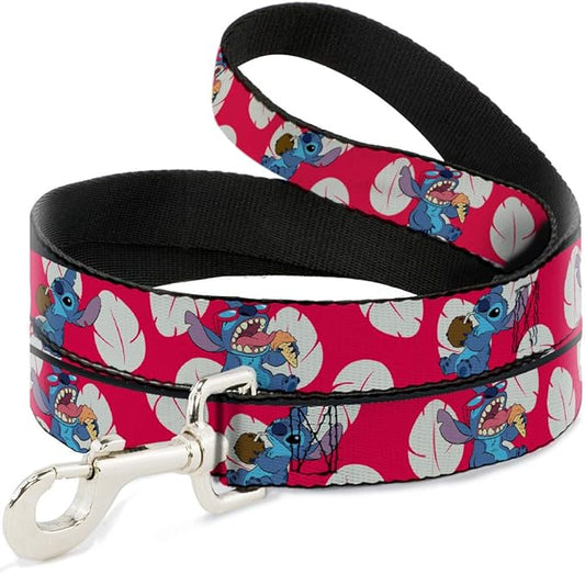 Dog Leash Lilo Stitch 2 Eating Poses Lilo Dress Leaves Red Ivory 6 Feet Long 1.5 Inch Wide