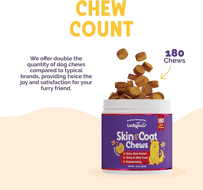 LuckyTail Wild Alaskan Salmon Oil for Dogs Skin and Coat Chew - Biotin, Flaxseed Oil, Coconut Oil for Dogs - Omega 3, 6, 9 for Dogs - Zinc Supplements for Dogs - 180 Soft Chews