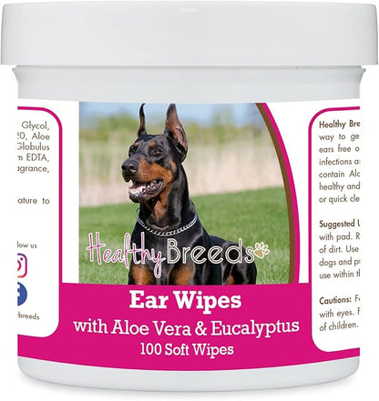 Healthy Breeds Doberman Pinscher, Black and Tan, Ear Cleaning Wipes with Aloe & Eucalyptus for Dogs 100 Count
