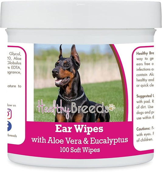 Healthy Breeds Doberman Pinscher, Black and Tan, Ear Cleaning Wipes with Aloe & Eucalyptus for Dogs 100 Count