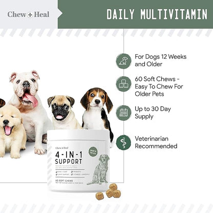Chew + Heal All in 1 Dog Vitamin, 2PK - 240 Soft Chew Treats - Chewable Multivitamin with Probiotics, Digestive Enzymes, for Skin and Coat, Hip and Joint Support - Made in The USA