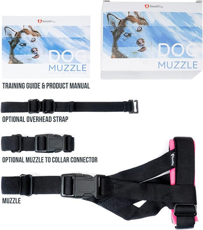 Gentle Muzzle Guard for Dogs - Prevents Biting and Unwanted Chewing Safely – New Secure Comfort Fit - Soft Neoprene Padding – No More Chafing – Training Guide Helps Build Bonds with Pet (M, Pink)