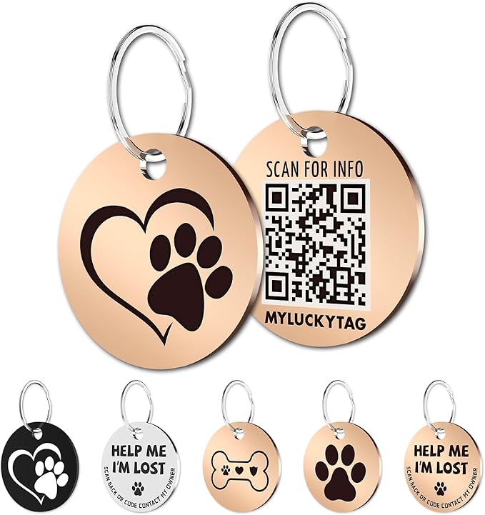 MYLUCKYTAG Stainless Steel QR Code Pet ID Tags Dog Tags - Pet Online Profile - Scan QR Receive Instant Pet Location Alert Email