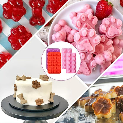 Paw Print Mold Puppy Dog Paw and Bone Silicone Molds 4pcs Dog Treat Molds Silicone Baking Mold for Puppy Treats Ice Cream Cubes Tray Biscuits Chocolate Candy Jelly Dog Snack Muffin Pan