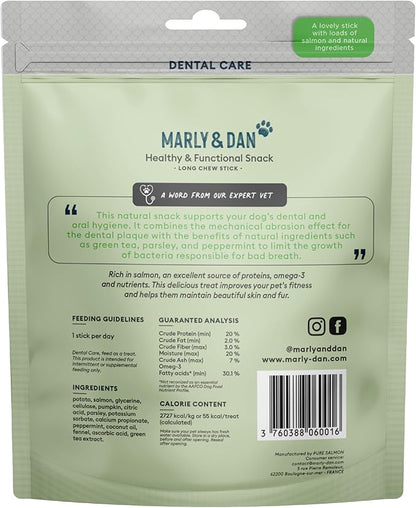 Marly & Dan Dental Care Chew Sticks, 5-in-1 Benefits for Dental and Immune System Health, Salmon, Peppermint & Green Tea, Chew Treats for Dogs (Dogs Over 25lbs)