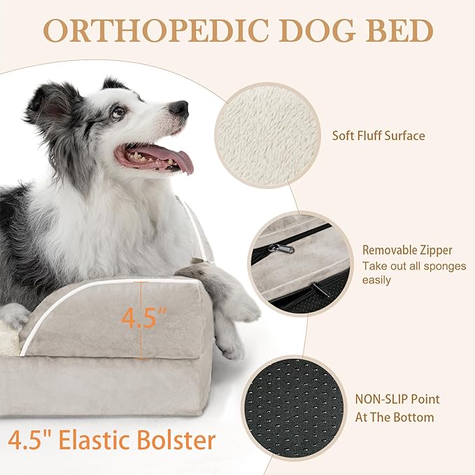 Waterproof Dog Beds for Large Breed Dogs, Large Dog Beds Orthopedic Foam, Comfy Pet Bed Sofa with Washable Removable Cover & Non-Slip Bottom(Large,Beige)