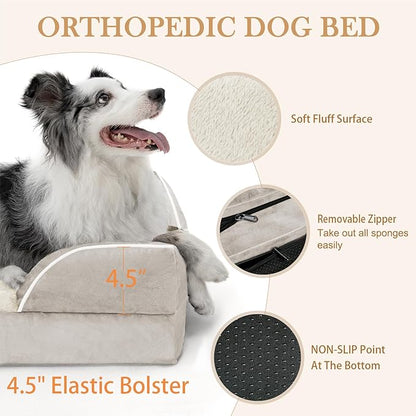 Waterproof Dog Beds for Large Breed Dogs, Large Dog Beds Orthopedic Foam, Comfy Pet Bed Sofa with Washable Removable Cover & Non-Slip Bottom(Large,Beige)