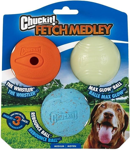 Chuckit Ultra Duo Tug Dog Toy, Medium Indoor and Outdoor Dog Ball for Dogs 20-60 Pounds & Chuckit Fetch Medley Dog Ball Dog Toys, Medium (2.5 Inch) Pack of 3, for Medium Breeds, Includes