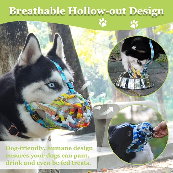 Dog Muzzle, Printed Basket Muzzle for Small Medium Large Dogs Dachshund, Beagle, German Shepherd, Breathable Pet Muzzles to Prevent Biting Chewing Scavenging, Allows Panting and Drinking