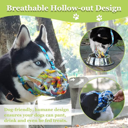 Dog Muzzle, Printed Basket Muzzle for Small Medium Large Dogs Dachshund, Beagle, German Shepherd, Breathable Pet Muzzles to Prevent Biting Chewing Scavenging, Allows Panting and Drinking