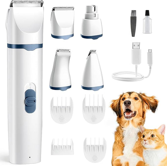 Dogs Hair Clippers Grooming Kit with Nail Grinder, 4 in 1 Cordless Electric Trimmer Low Noise USB Pet Clippers for Dogs Cat,Grooming Paws, Eyes, Ears, Face,Matted Hair