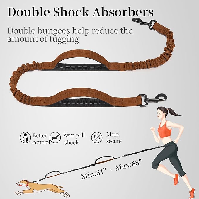iYoShop Hands Free Dog Leash with Zipper Pouch, Dual Padded Handles and Durable Bungee for Walking, Jogging and Running Your Dog (Large, 25-120 lbs, Brown)