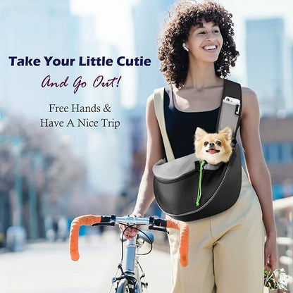 Pawaboo Pet Dog Sling Carrier, Hand Free Drawstring Dog Papoose with Adjustable Strap, Breathable Mesh Bag for Puppy Cat, Crossbody Satchel Dog Purse with Pocket for Outdoor Travel, Black, Small