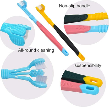 Dog Toothbrushs, 2pcs Blue Yellow, Battery Powered, Suitable for Adult Dogs, Three Sided Design for Easy Teeth Cleaning