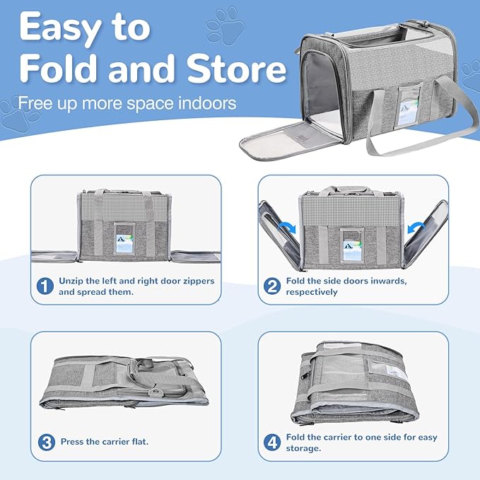 Soft Sided Cat Carrier for Under 18 Pounds, Folable Pet Carrier for Small Medium Cats Dogs, Roomy Dog Travel Carrier, Collapsible Puppy Carrier Bag with Locking Safety Zippers, Gray