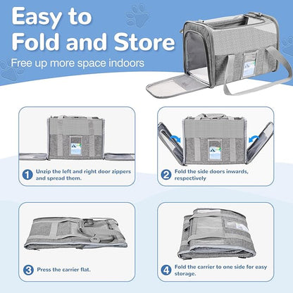 Soft Sided Cat Carrier for Under 18 Pounds, Folable Pet Carrier for Small Medium Cats Dogs, Roomy Dog Travel Carrier, Collapsible Puppy Carrier Bag with Locking Safety Zippers, Gray
