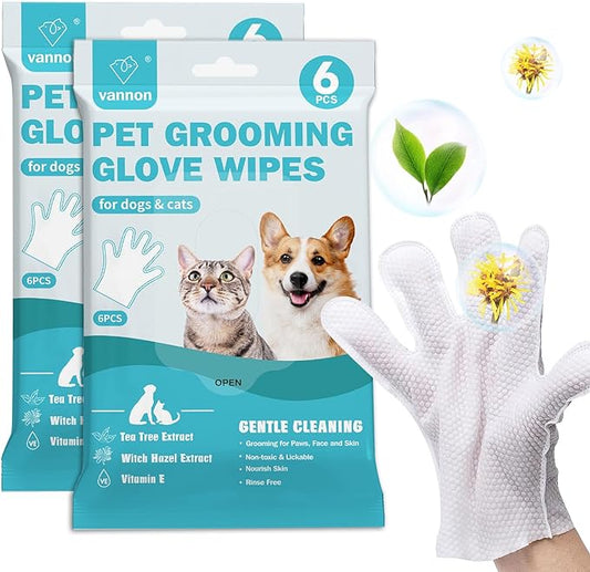 Pet Bathing Wipes for Dogs & Cats, Cleaning & Deodorizing Grooming Gloves, Nourish Fur Glove Wipes for Daily Care and Traveling, Rinse Free，2 Pack, 12 PCS
