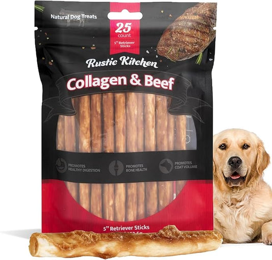 Collagen Chews for Dogs, Dog Chews Long Lasting, Rawhide Free, Retriever Sticks (Beef Flavored) 0.6cm - 25ct