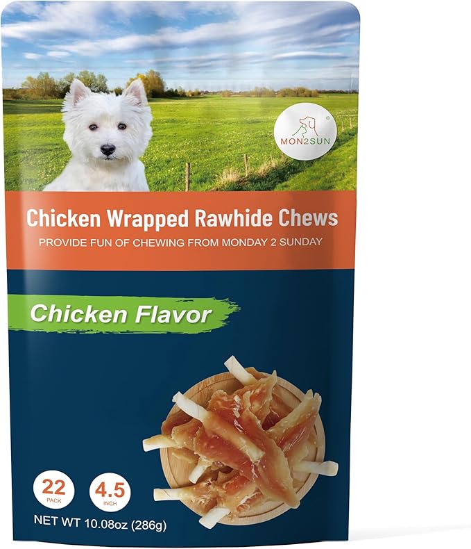 MON2SUN Dog Rawhide Twist 4-4.5 Inch Chicken Wrapped Rawhide Sticks for Puppy and Small Dogs, Promotes Dental Health Chicken Wings (10.08 Ounce -Pack of 1)