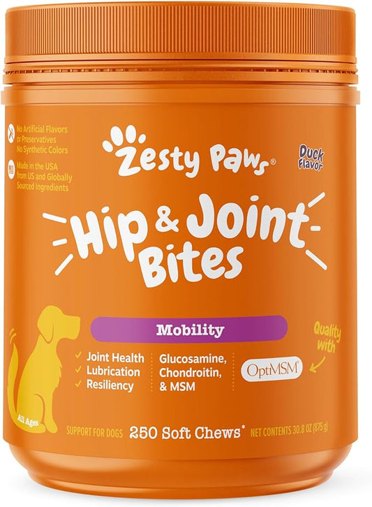 Zesty Paws Hip and Joint Supplement for Dogs - Glucosamine for Dog Joint Supplement - with Chondroitin, MSM, Vitamins C and E for Dog Joint Relief - Mobility Bites Duck – 250 Count