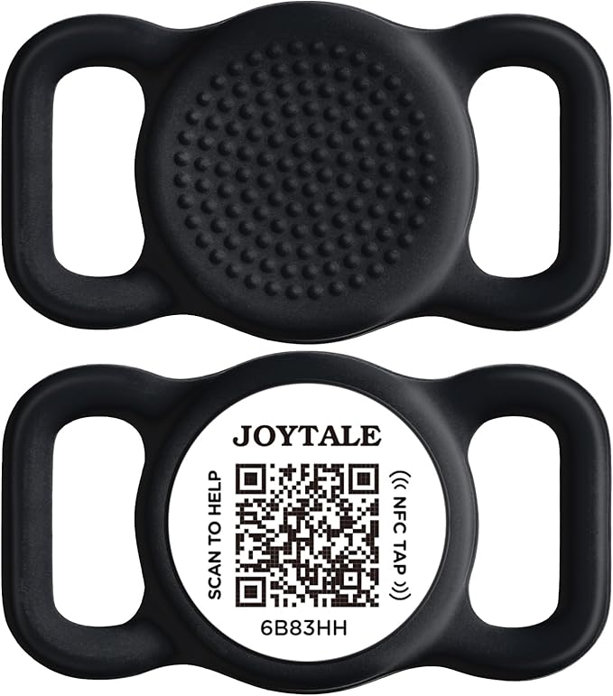 Joytale [ NO APP Required ] Silent Silicone QR Code Dog Tag, Slide On Dog Tags for 1 Inch Wide Collars or Vest, NFC Pet Online Profile, Scan QR to Send Location Alert Email, Black, M